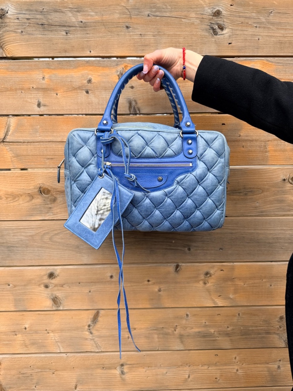 Balenciaga Sky Blue Quilted Lambskin Matelasse GM Boston Bag
